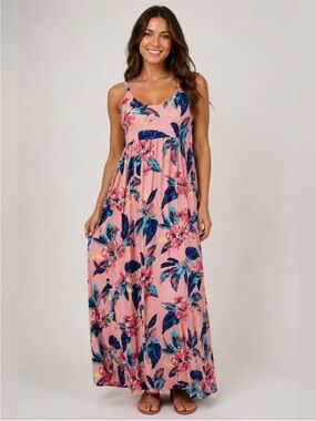 Lascana Size 10 Tropical Floral Open Back Maxi Dress Vacation Scoop Neck Stretch